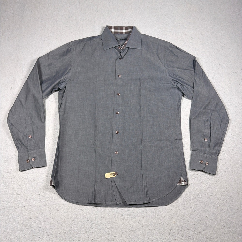 Hammer‎ Made Dress Shirt Men 15.5 39 Gray Button Front Long Sleeve Plaid Trim